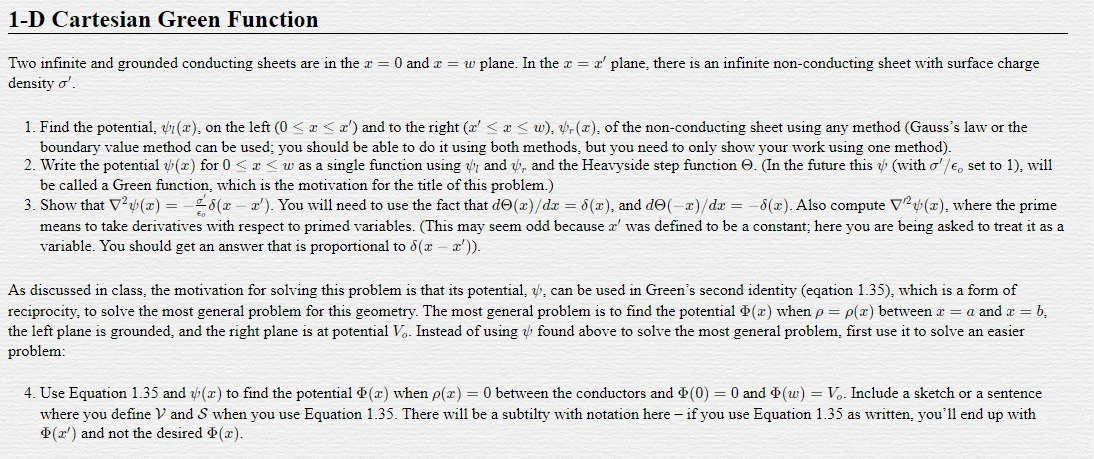 1 D Cartesian Green Function Two Infinite And Grounded Conducting Sheets Are In The X 0 And 2 W Plane In The X X 1