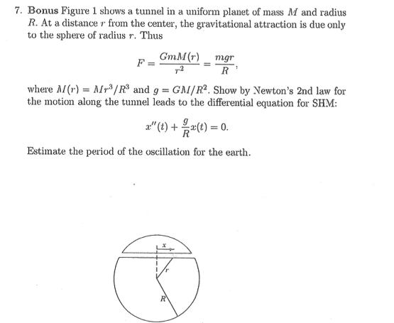 7 Bonus Figure 1 Shows A Tunnel In A Uniform Planet Of Mass M And Radius R At A Distance R From The Center The Gravit 1