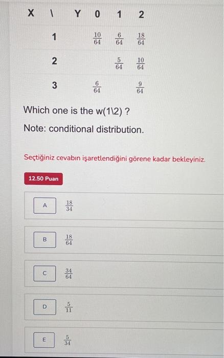 X Y 0 1 2 1 10 64 6 64 18 64 2 64 10 64 3 6 64 9 64 Which One Is The W 112 Note Conditional Distribution Sectigin 1