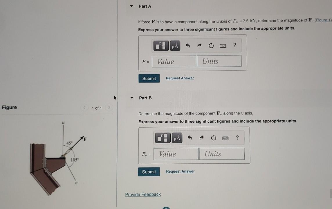 Part A If Force F Is To Have A Component Along The U Axis Of Fu 7 5 Kn Determine The Magnitude Of F Figure 1 Expre 1