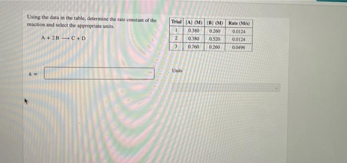 Using The Data In The Table Determine The Rate Constant Of The Reaction And Select The Appropriate Units A 2b C D Tri 1