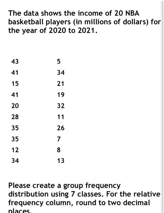 The Data Shows The Income Of 20 Nba Basketball Players In Millions Of Dollars For The Year Of 2020 To 2021 43 5 41 34 1