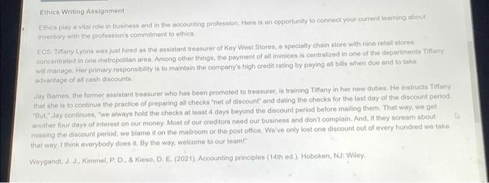 Ethics Writing Assignment Ethics Play A Vital Role In Business And In The Accounting Profession Here Is An Opportunity 1