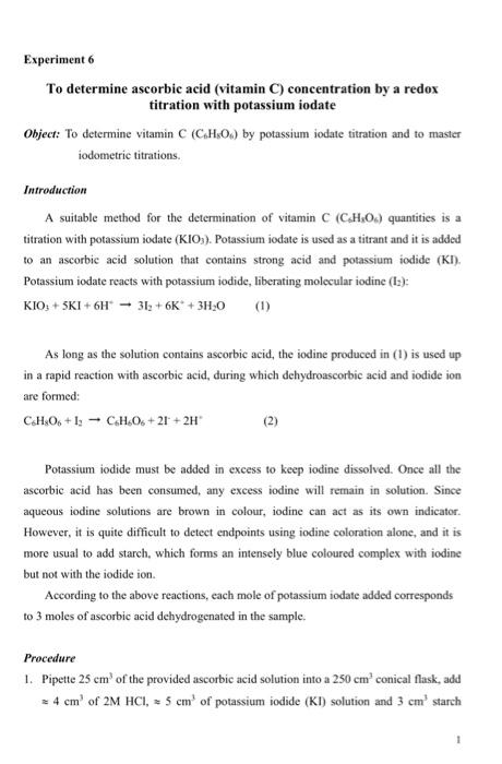 Solution Then Titrate With The Standard Potassium Iodate Kio Solution M Until The Solution Changes From Brown To I 4
