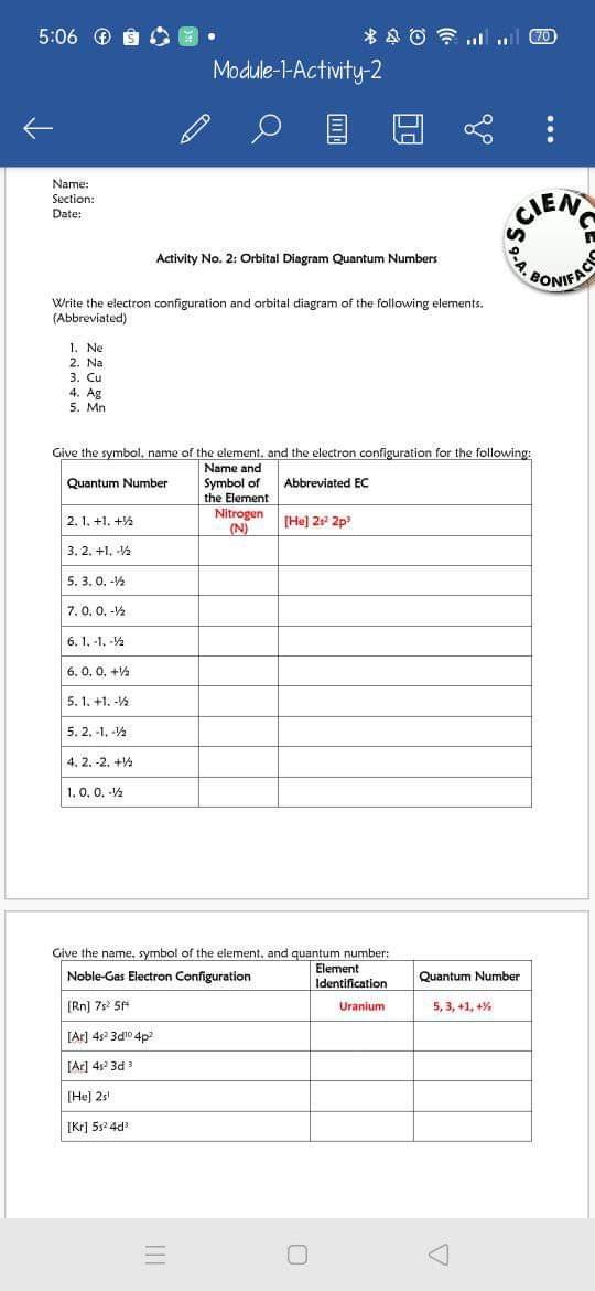 5 06 6 Cd Ao Module 1 Activity 2 Name Section Date Cience Activity No 2 Orbital Diagram Quantum Numbers Boni 1
