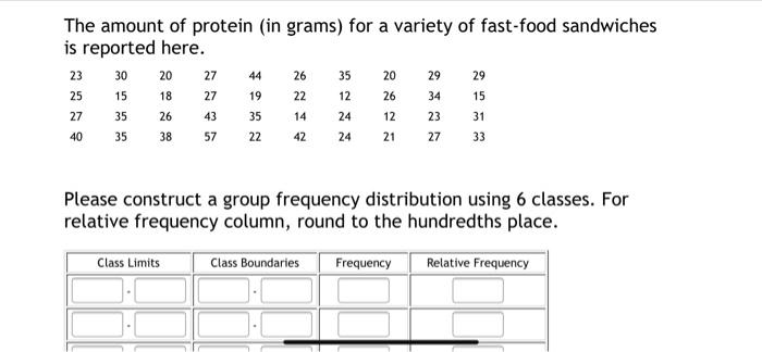 The Amount Of Protein In Grams For A Variety Of Fast Food Sandwiches Is Reported Here 23 25 30 20 27 44 26 35 20 29 2 1