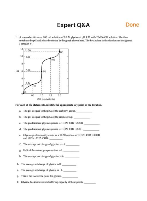 Expert Q A Done 1 A Researcher Titrates A 100 Ml Solution Of 0 1 M Glycine At Ph 1 72 With 2 M Naoh Solution She Then 1