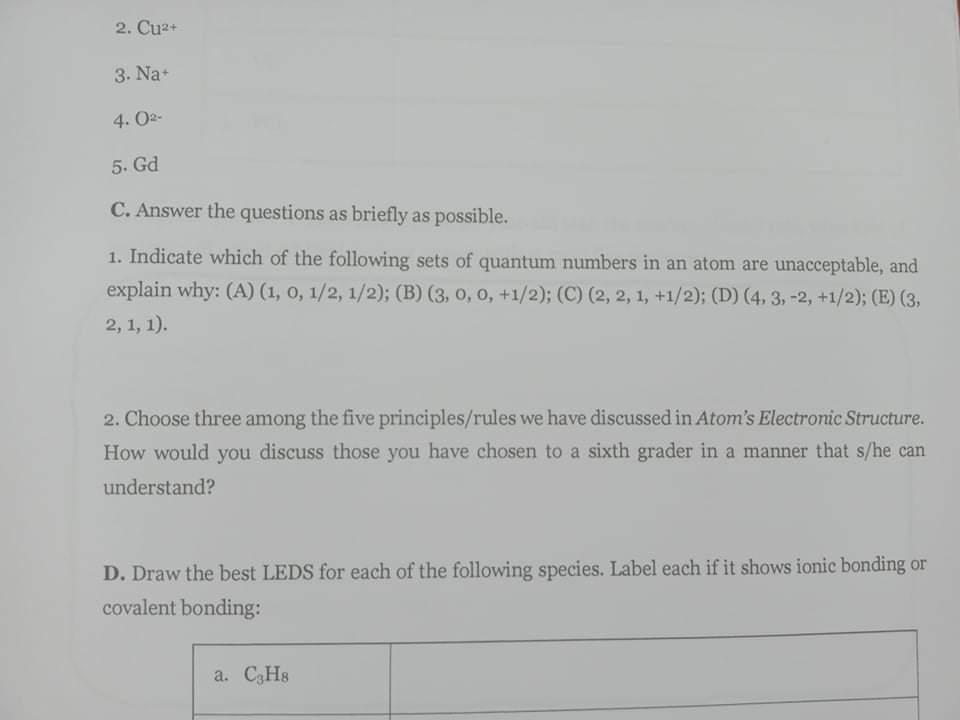 2 Cu2 3 Na 4 02 5 Gd C Answer The Questions As Briefly As Possible 1 Indicate Which Of The Following Sets Of Qu 1