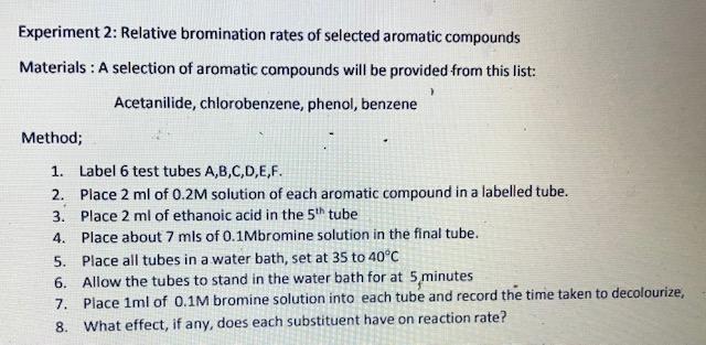 Experiment 2 Relative Bromination Rates Of Selected Aromatic Compounds Materials A Selection Of Aromatic Compounds Wil 1