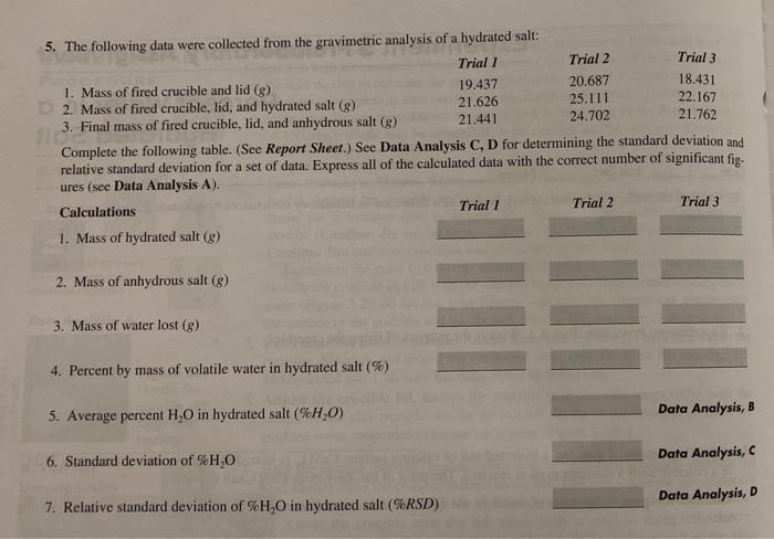 Trial 3 18 431 5 The Following Data Were Collected From The Gravimetric Analysis Of A Hydrated Salt Trial 7 Trial 2 1 1