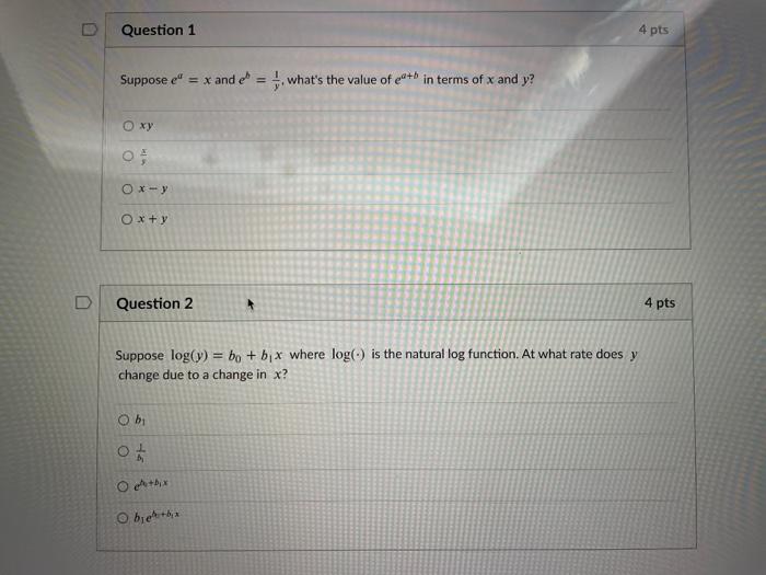 Question 1 4 Pts Suppose E X And E What S The Value Of Ea B In Terms Of X And Y Oxy Ox Y O X Y D Question 2 1