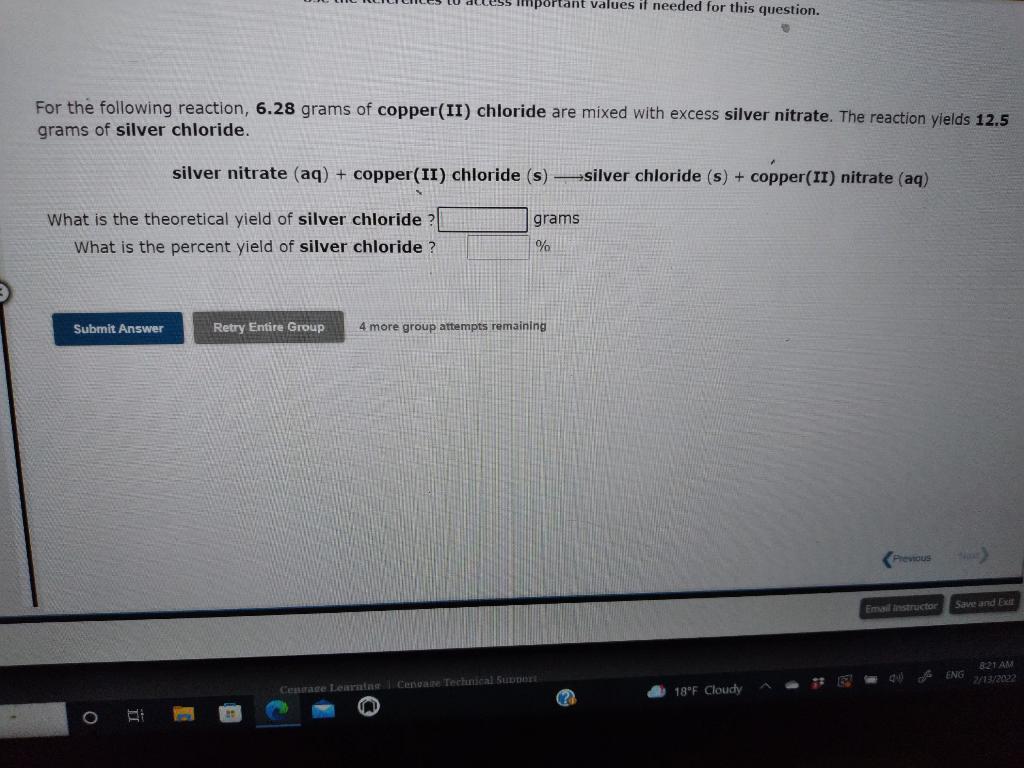 Portant Values If Needed For This Question For The Following Reaction 6 28 Grams Of Copper Ii Chloride Are Mixed With 1