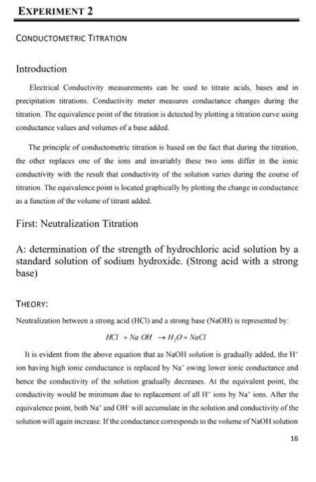 Experiment 2 Conductometric Titration Introduction Electrical Conductivity Measurements Can Be Used To Titrate Acids Ba 2