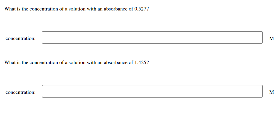 The Spectroscopic Data In The Table Is Generated With Five Solutions Of Known Concentration Concentration M Absorbanc 2