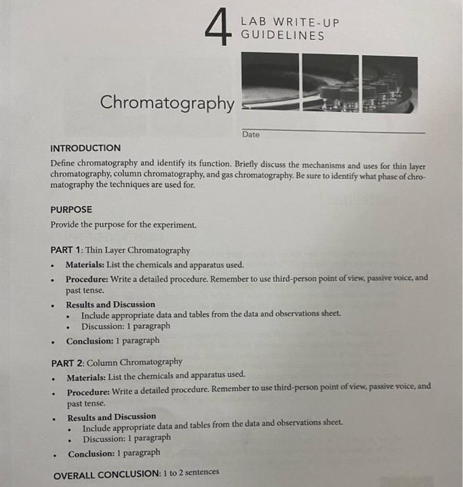 4 Lab Write Up Guidelines Chromatography Date Introduction Define Chromatography And Identify Its Function Briefly Disc 1