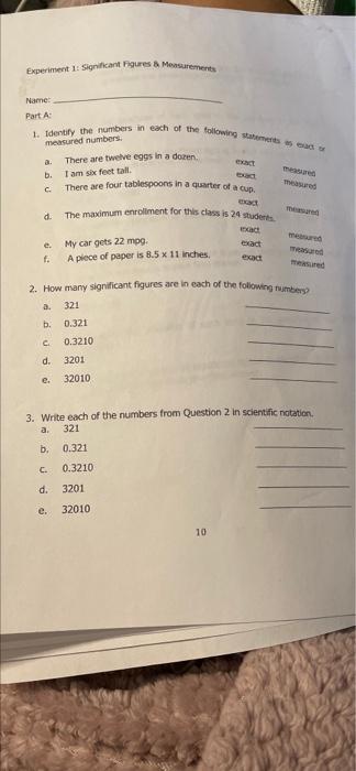 Experiment 1 Significant Figures Measurements Name Part A 1 Identify The Numbers In Each Of The Following Measured N 1