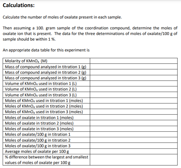 Calculations Calculate The Number Of Moles Of Oxalate Present In Each Sample Then Assuming A 100 Gram Sample Of The C 1