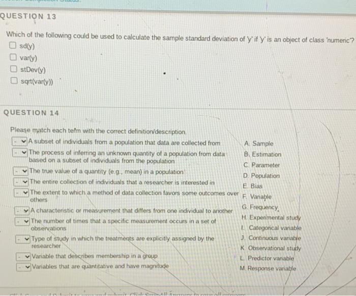 Question 13 Which Of The Following Could Be Used To Calculate The Sample Standard Deviation Of Y If Y Is An Object Of 1
