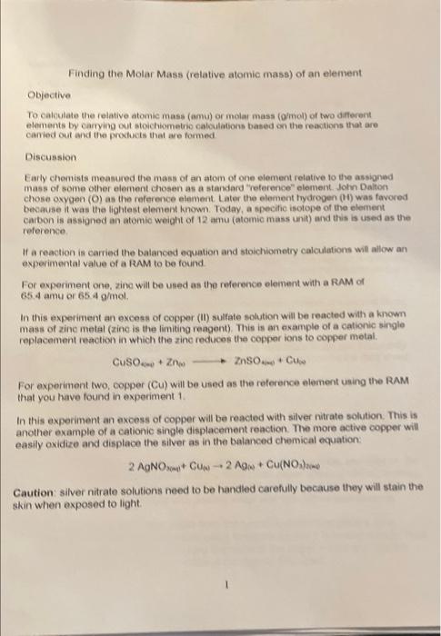 Finding The Molar Mass Relative Atomic Mass Of An Element Objective To Calculate The Relative Atomic Mass Amu Or Mol 1