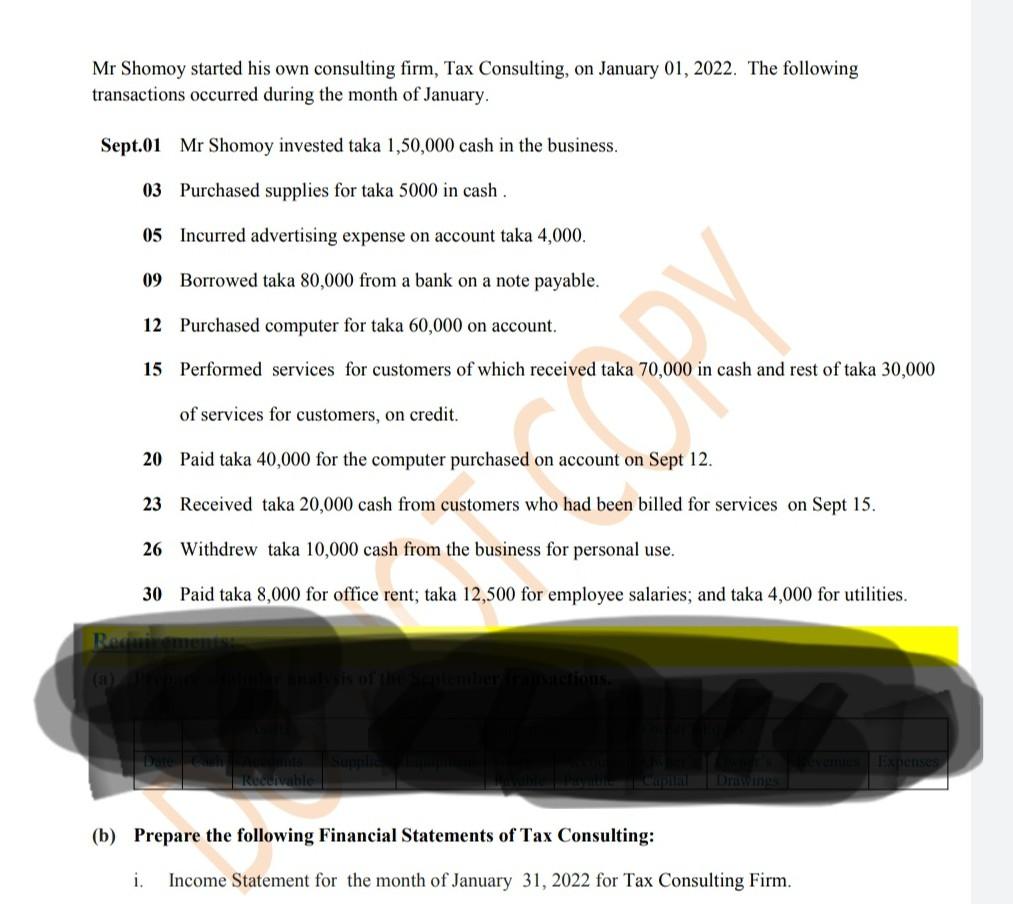 Mr Shomoy Started His Own Consulting Firm Tax Consulting On January 01 2022 The Following Transactions Occurred Duri 1