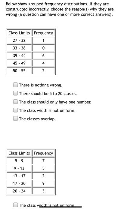 Below Show Grouped Frequency Distributions If They Are Constructed Incorrectly Choose The Reason S Why They Are Wrong 1