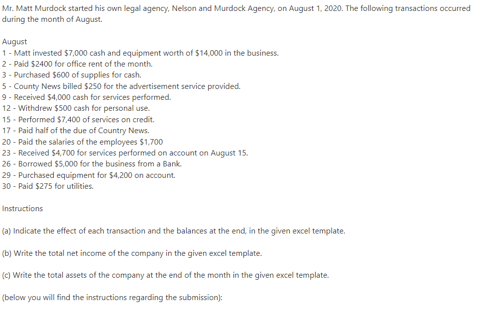 Mr Matt Murdock Started His Own Legal Agency Nelson And Murdock Agency On August 1 2020 The Following Transactions 1