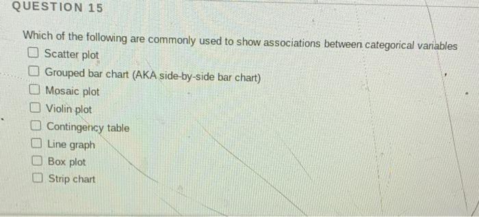 Question 15 Which Of The Following Are Commonly Used To Show Associations Between Categorical Variables Scatter Plot Gro 1