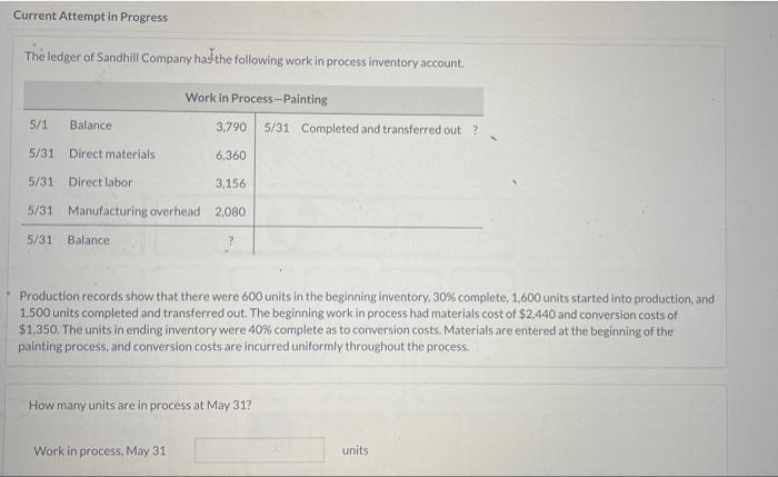 Current Attempt In Progress The Ledger Of Sandhill Company Has The Following Work In Process Inventory Account Work In P 1