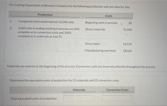 The Cutting Department Of Blossom Company Has The Following Production And Cost Data For July Production Costs 1 0 Co 1