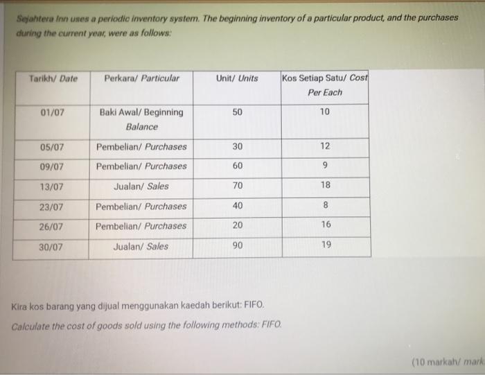 Sejahtera Inn Uses A Periodic Inventory System The Beginning Inventory Of A Particular Product And The Purchases Durin 1
