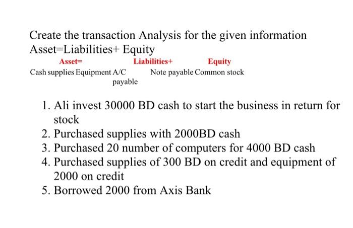 Create The Transaction Analysis For The Given Information Asset Liabilities Equity Asset Liabilities Equity Cash Supp 1