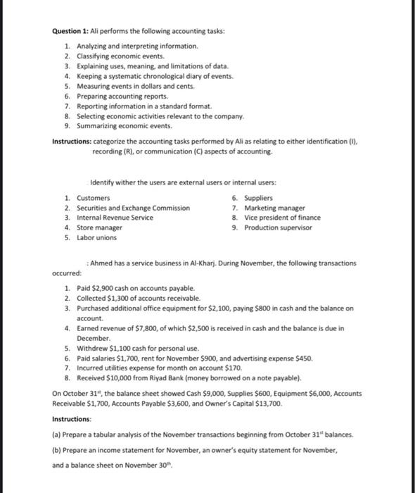 Question 1 Ali Performs The Following Accounting Tasks 1 Analyzing And Interpreting Information 2 Classifying Econo 1