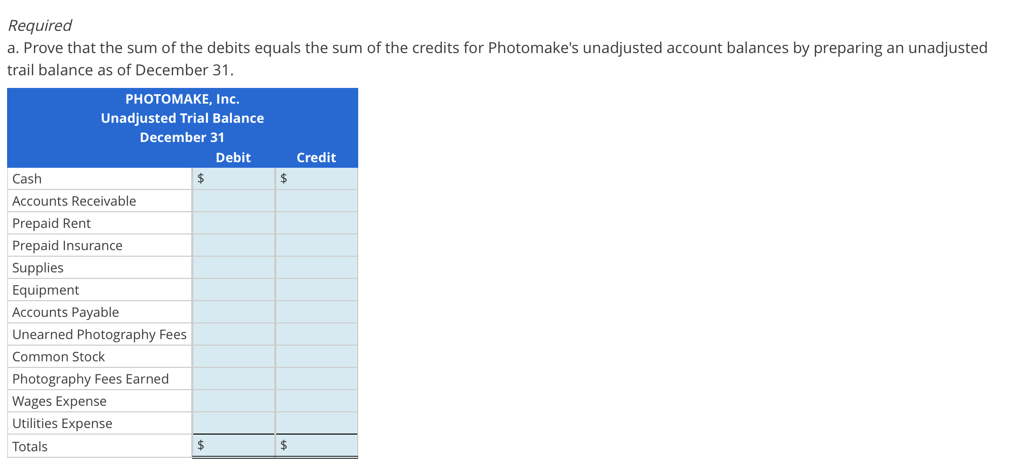 Trial Balance And Adjusting Entries Photomake Inc A Commercial Photography Studio Has Just Completed Its First Full 2