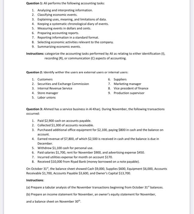 Question 1 Ali Performs The Following Accounting Tasks 1 Analyzing And Interpreting Information 2 Classifying Econom 1