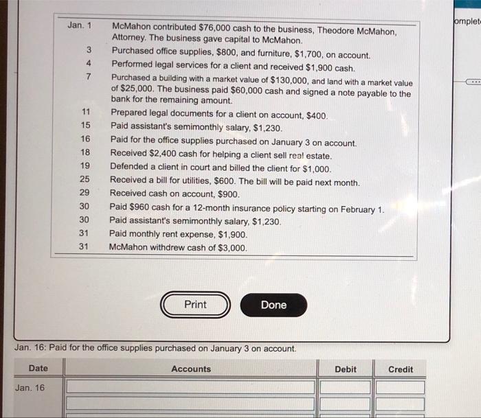 Jan 1 Omplet 3 4 7 11 15 16 Mcmahon Contributed 76 000 Cash To The Business Theodore Mcmahon Attorney The Business 1