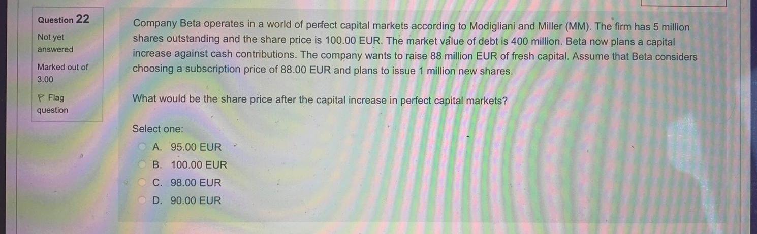 Question 22 Not Yet Answered Company Beta Operates In A World Of Perfect Capital Markets According To Modigliani And Mil 1