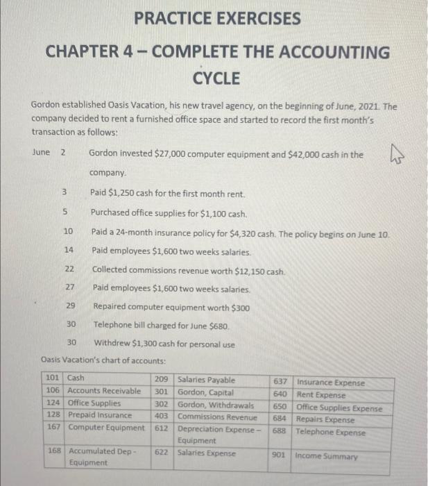 Practice Exercises Chapter 4 Complete The Accounting Cycle Gordon Established Oasis Vacation His New Travel Agency On 1