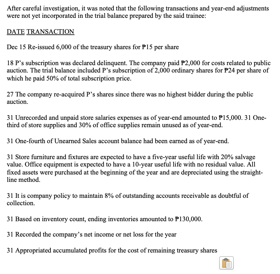 After Careful Investigation It Was Noted That The Following Transactions And Year End Adjustments Were Not Yet Incorpor 1