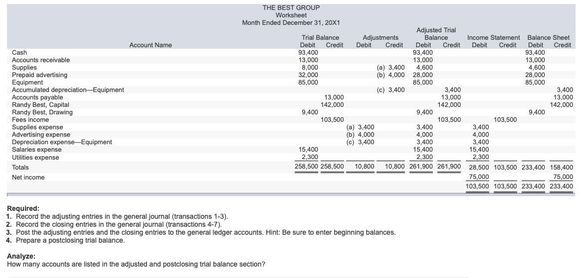Balance Account Name Cash Accounts Receivable Supplies Prepaid Advertising Equipment Accumulated Depreciation Equipment 1