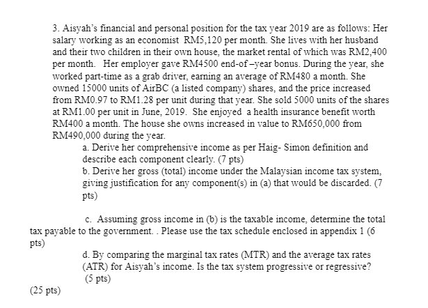 3 Aisyah S Financial And Personal Position For The Tax Year 2019 Are As Follows Her Salary Working As An Economist Rm5 1