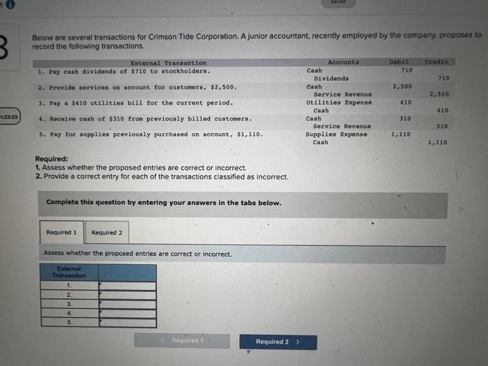 B Below Are Several Transactions For Crimson Tide Corporation A Junior Accountant Recently Employed By The Company Pr 1