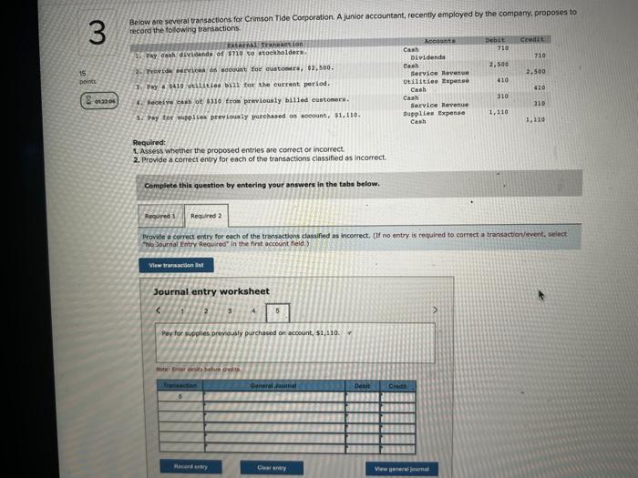 3 Below Are Several Transactions For Crimson Tide Corporation A Junior Accountant Recently Employed By The Company Pr 1
