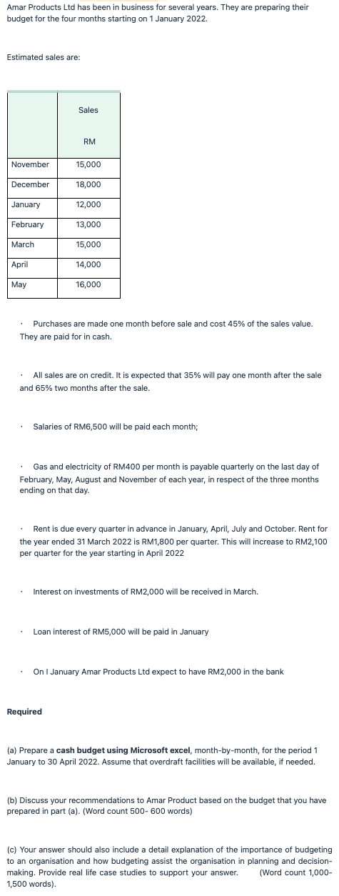 Amar Products Ltd Has Been In Business For Several Years They Are Preparing Their Budget For The Four Months Starting O 1