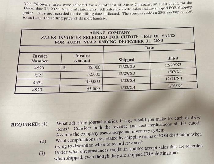 The Following Sales Were Selected For A Cutoff Test Of Arnaz Company An Audit Client For The December 31 20x3 Financi 1