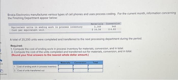 Brokia Electronics Manufactures Various Types Of Cell Phones And Uses Process Costing For The Current Month Informatio 1