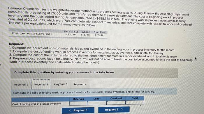 Sava Cameron Chemicals Uses The Weighted Average Method In Its Process Costing System During January The Assembly Depa 2