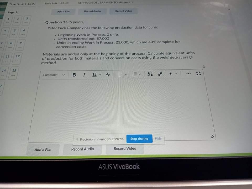 Time Limit 15 00 Time Lert42 40 Alpha Giedel Sarmiento Atremt 1 Add A File Recent Audio Page 11 Record Video 2 5 6 1 Q 1