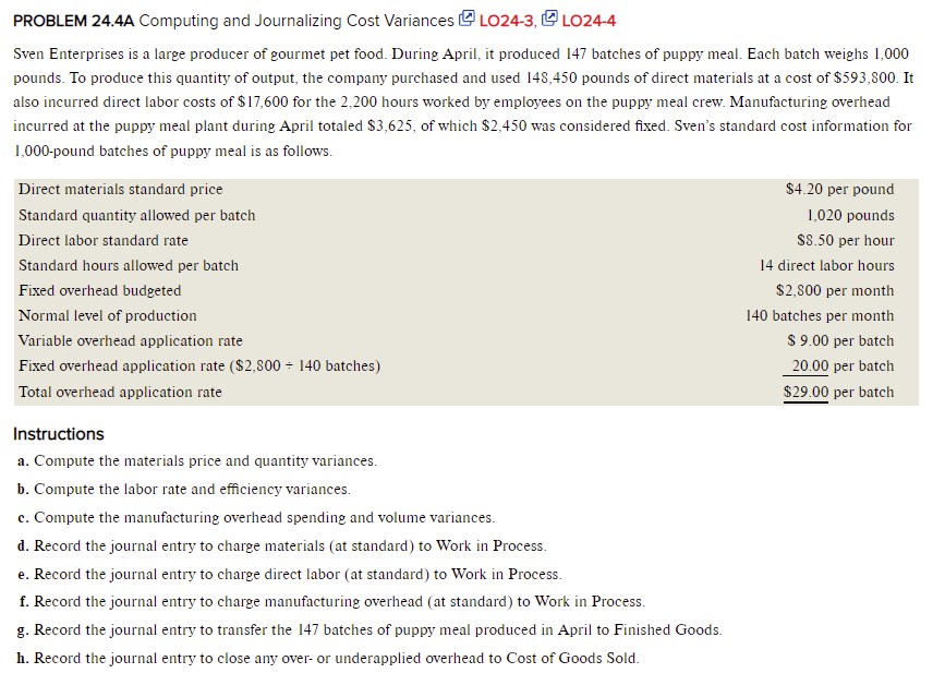 Problem 24 4a Computing And Journalizing Cost Variances L024 3 L024 4 Sven Enterprises Is A Large Producer Of Gourmet 1