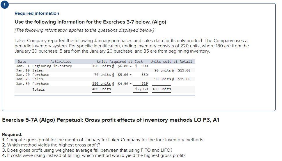 Required Information Use The Following Information For The Exercises 3 7 Below Algo The Following Information Applie 1