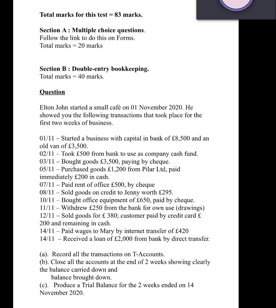 Total Marks For This Test 83 Marks Section A Multiple Choice Questions Follow The Link To Do This On Forms Total 1
